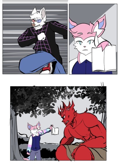 Tensions run high... but instead of fighting, something unexpected happens.
 The pink cat’s got a book and nerves of steel.
This is a commissioned comic I illustrated.
 #ComicArt #FurryComic #AnthroArt #FantasyComic #DigitalArt #ArtCommission #FurryFandom #commissionsopen