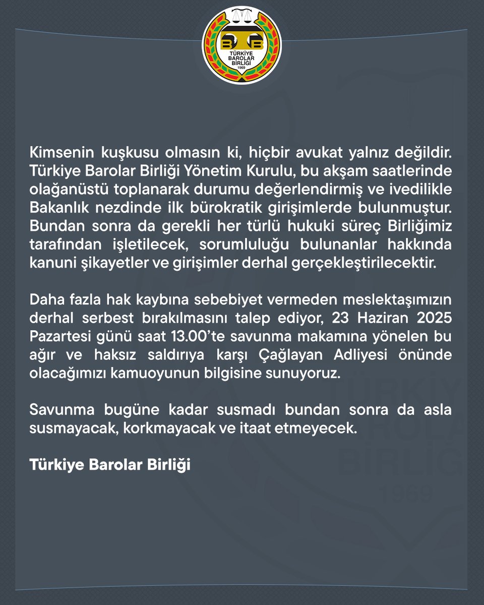 Savunma Bugüne Kadar Susmadı Bundan Sonra da Asla Susmayacak, Korkmayacak ve İtaat Etmeyecek

barobirlik.org.tr/Haberler/85748