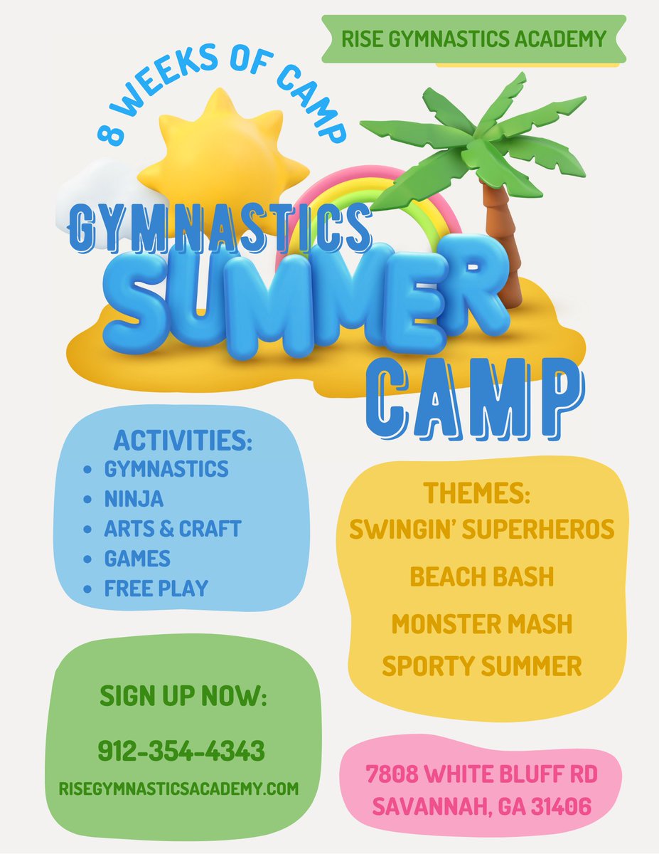 New #Savannah Summer camp to check out: Gymnastics Camp @ Rise Gymnastics Academy Details: tinyurl.com/5cyztwtd