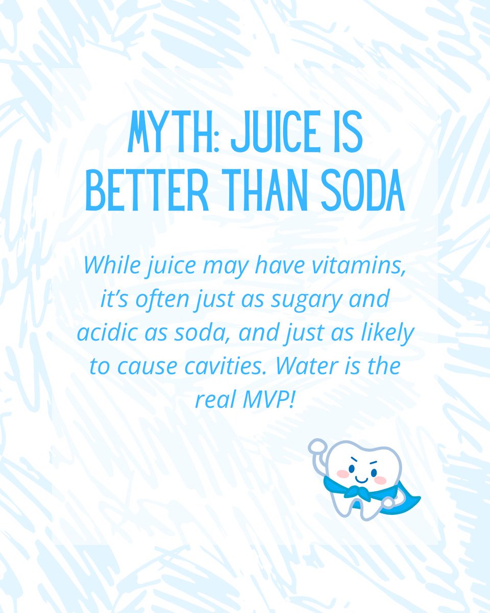 bellairesmiles's tweet image. MYTH: Juice is better than soda
MYTH: Brush after eating
MYTH: Baby teeth don’t need fillings

Captain Molar says otherwise 🦷💪

Bust the myths and share this post with your parent group chat!

#PediatricDentist #ToothTips #BellaireTX