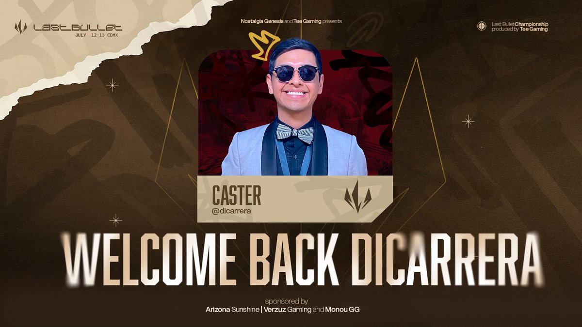 Tee Gaming (@teegamingorg) on Twitter photo BIENVENIDO
Queremos dar la bienvenida a <a href="/DiCarreraOfi/">Luis Carrera | Dica</a> como nuestro Caster Oficial Last Bullet: Championship
Nuevamente contamos con su presencial en nuestro evento
Se hará presente este 11 a 13 de Julio en <a href="/Monougg/">Monou</a>
Presentado por:
<a href="/TeeGamingOrg/">Tee Gaming</a>
<a href="/NostalgiaGnesis/">𝐍𝐨𝐬𝐭𝐚𝐥𝐠𝐢𝐚</a> BIENVENIDO
Queremos dar la bienvenida a <a href="/DiCarreraOfi/">Luis Carrera | Dica</a> como nuestro Caster Oficial Last Bullet: Championship
Nuevamente contamos con su presencial en nuestro evento
Se hará presente este 11 a 13 de Julio en <a href="/Monougg/">Monou</a>
Presentado por:
<a href="/TeeGamingOrg/">Tee Gaming</a>
<a href="/NostalgiaGnesis/">𝐍𝐨𝐬𝐭𝐚𝐥𝐠𝐢𝐚</a>
