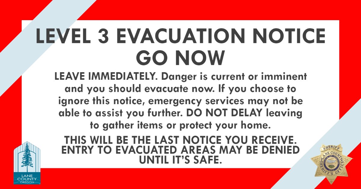 WILDFIRE EVACUATION NEAR MAPLETON (PHOTO)

The following areas are under a Level 3 (Go Now) evacuation notice due to wildfire:

&amp;nbsp;

All areas of Rice Road near Mapleton.

All areas of Hillcrest Road near Mapl

More Info: flashalert.net/id/LaneSheriff…