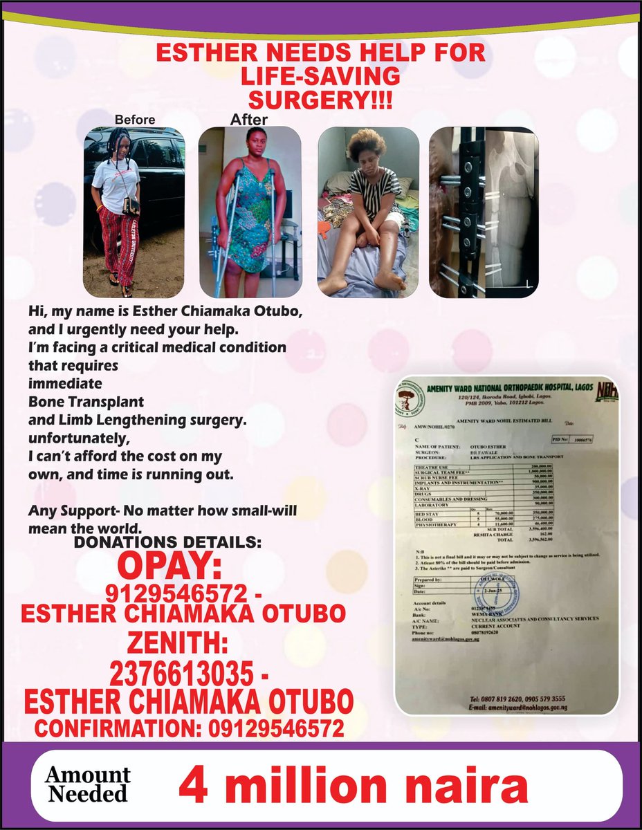 Sincerely appreciate everyone,God bless you all for supporting me.  This is the amount raised so far out of 4 million naria .Please help me keep reposting .

   I'm at very risk of amputation, I desperately need help, please🙏 ,save my life. I have been struggling with this