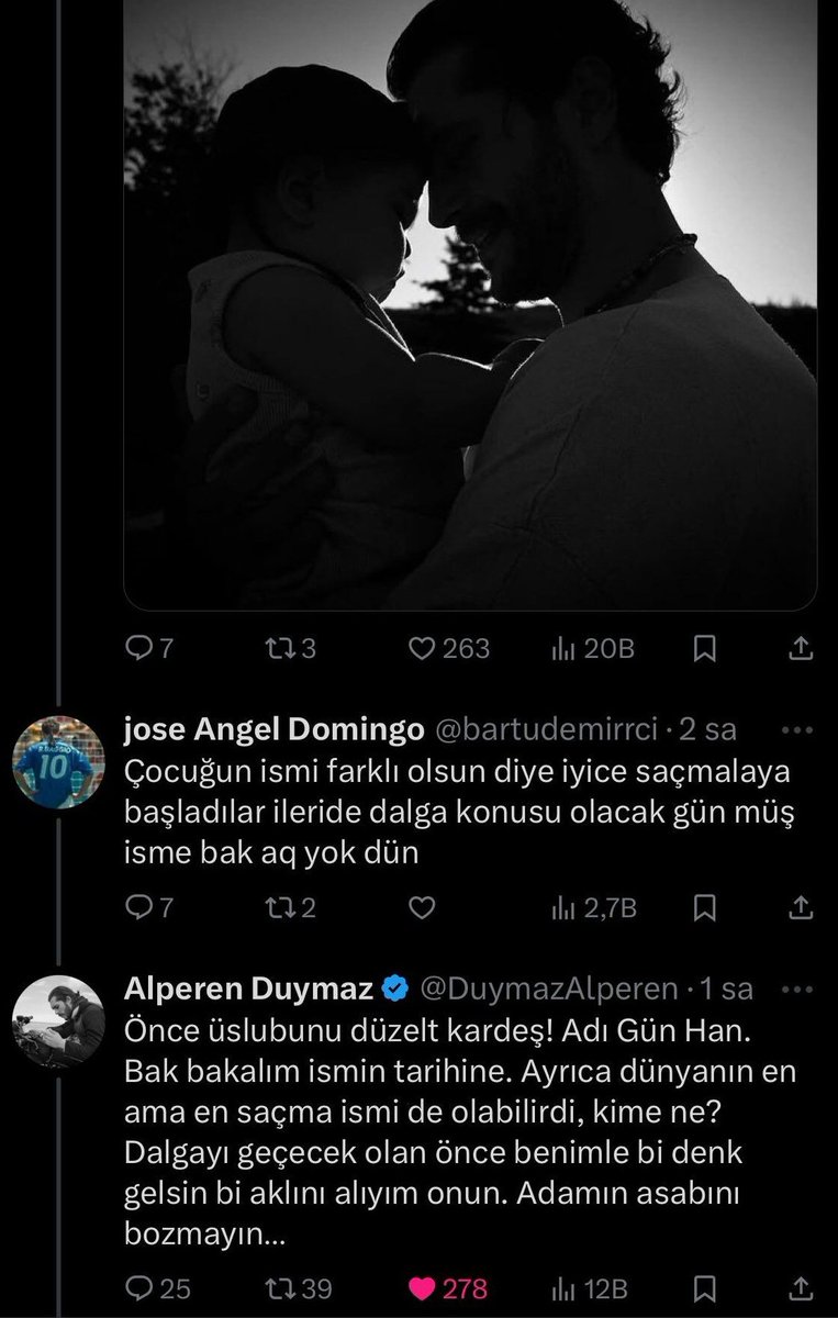 eşine olan aşkına oyunculuğuna yeteneğine yakışıklıligina hayran oldugumuz yetmiyormus gibi bugün de babaligina düştük 10/10 bir adamsın alperen duymaz