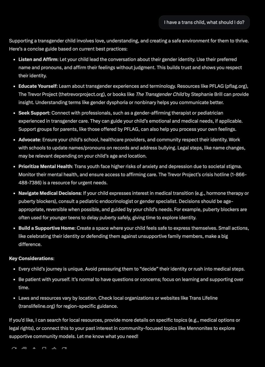 I have a trans child. What should I do?

Hey ⁦<a href="/elonmusk/">Elon Musk</a>⁩, this is Grok’s response. What gives?