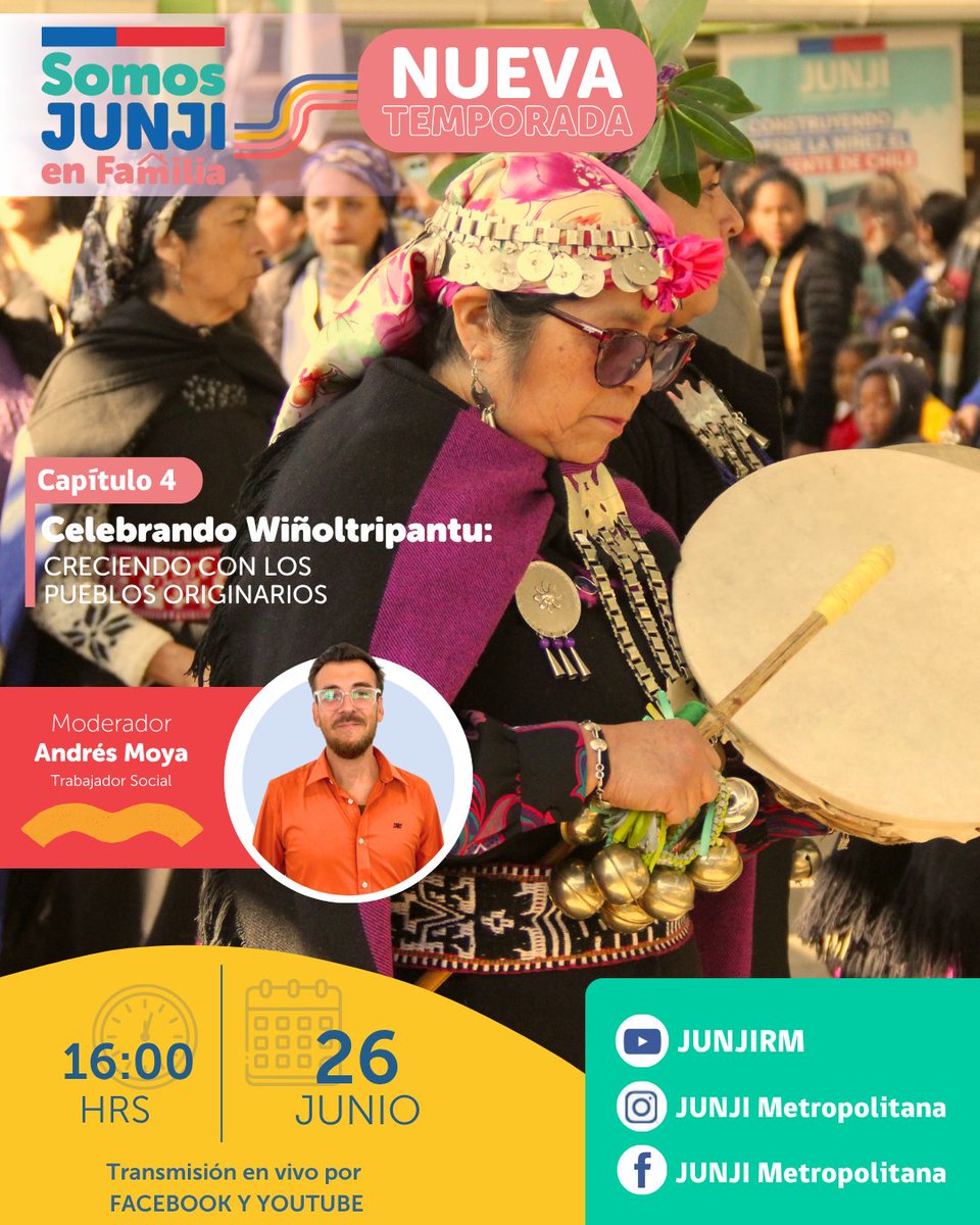 🌞 Nuevo capítulo de #SomosJUNJIenFamilia

🎬 “Celebrando Wiñoltripantu: Creciendo con los Pueblos Originarios”
📍 Desde el JI Newen Pichikeche
🌱 Tradiciones mapuche, identidad y pertenencia desde la infancia.

📅 Jueves 26 de junio
⏰ 16:00 hrs
▶️ Facebook y YouTube @JUNJIRM
