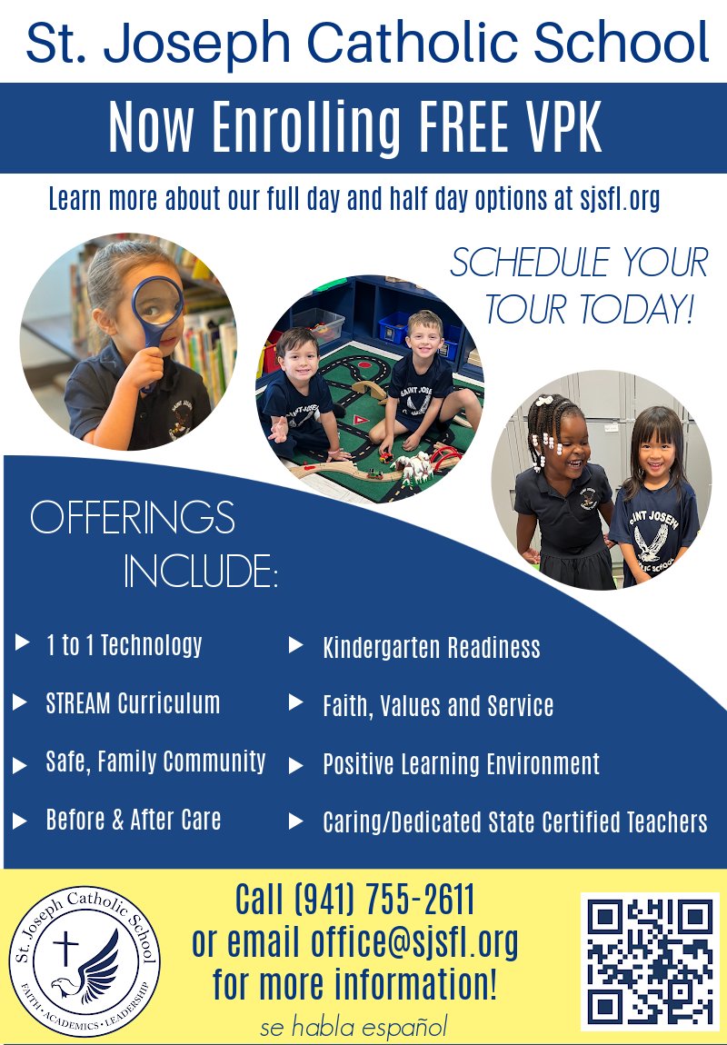 sjcsbradenton's tweet image. Now Enrolling FREE VPK for the 2025-2026 school year! Se habla español. #Bradenton #ManateeCounty #CatholicEducation Call 941-755-2611 or email office@sjsfl.org for more information. #sjcseaglessoar 🦅