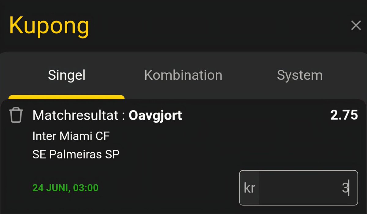 Klubblags-VM ⚽️🏆🌎
Inter Miami - Palmeiras
X (Oavgjort) | 2,75 (Bethard*)
3/10 Units | Lågspel

*Även hos Pinnacle &amp; Betssonbolag

En liten investering till odds över 2,50, då båda lag faktiskt går vidare med varsin poäng.

#Telegramklubben