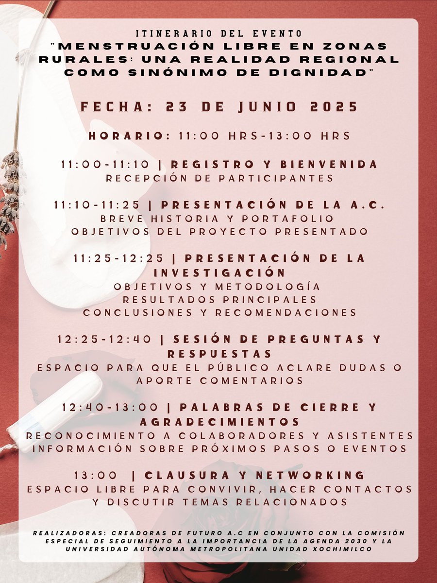 uamxoficial's tweet photo. Ya hay nueva fecha 🩸✨
El foro "Menstruación libre en zonas rurales" será este 23 de junio a las 11:00 h
📍 Auditorio Catalina Eibenschutz
🎓 ¡Con constancia incluida!
🔗 https://t.co/A4U831AVXY
#MenstruaciónLibre
#SaludMenstrual
#ForosUAM
#UAMX
🐾
https://t.co/Mv61APFVL6 https://t.co/MPIohjdpyA