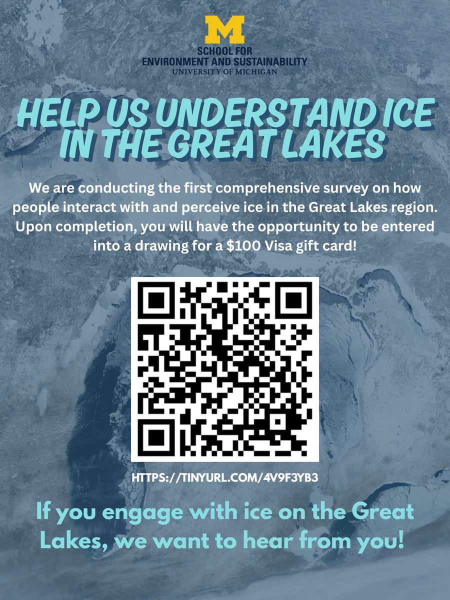 [PLZ SHARE] How does ice impact life around the #GreatLakes? 🧊 A team of <a href="/UMSEAS/">U-M SEAS</a> master’s students is launching the 1st major survey on how people experience &amp; perceive ice in the region. Share your story for a chance to win a $100 Visa gift card! 🔗 tinyurl.com/4v9f3yb3