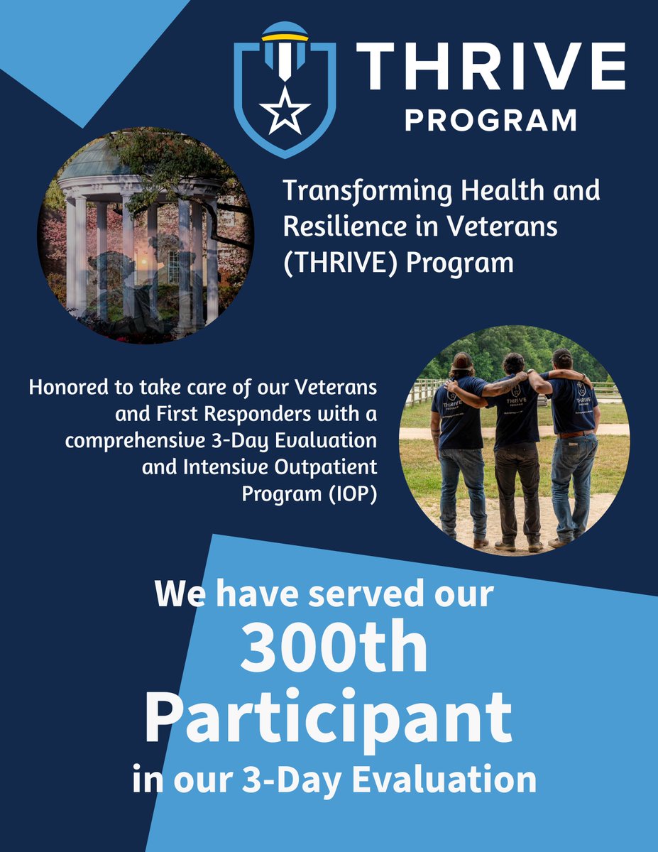 The <a href="/UNCTHRIVE/">UNC THRIVE Program</a>  celebrates a milestone — over 300 Veterans &amp; First Responders served in their fight against TBI &amp; PTSD. Every story reflects courage, sacrifice &amp; resilience. We appreciate the trust and support from <a href="/AvalonAction/">Avalon Kerr</a> and partners, enabling this mission.