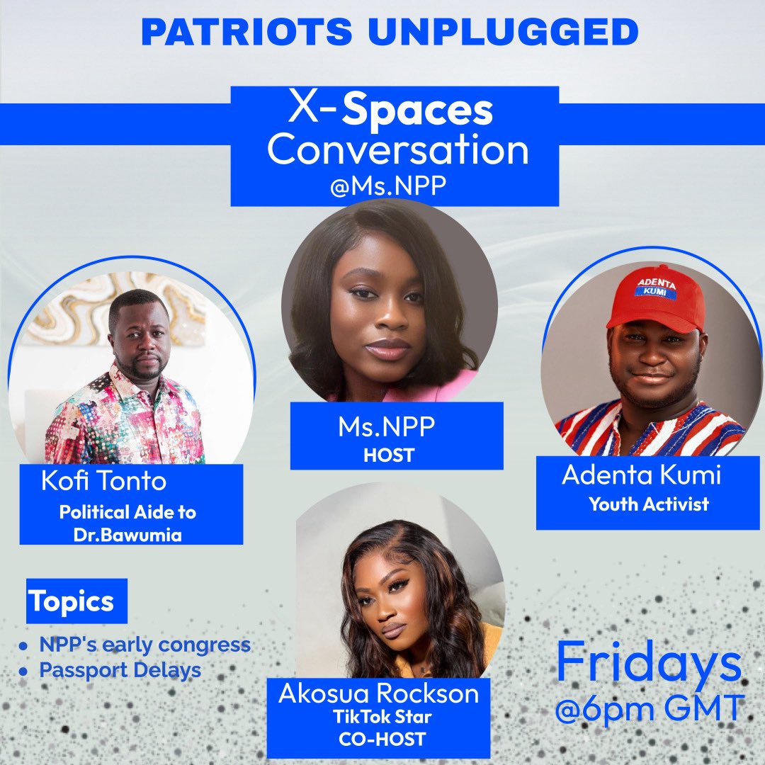 Join myself, <a href="/MsRockson/">Ms.rockson</a> , <a href="/kofitonto/">Kofi Tonto</a> , and <a href="/adentaKumi_/">Alfred Ababio Kumi</a> tomorrow <a href="/6pm/">Follow us @Shop6pm!</a> GMT!  

#PatriotsUnplugged