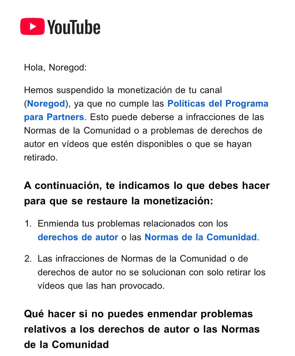Norecitoo's tweet photo. youtube, necesito ayuda para solucionar este tema, me han retirado la monetización por un video bastante viejo, en el cual cometi una falla, hice el curso y la apelación y aunque me eliminaron el video, no me restauraron la monetización… @YTCreadores @YouTubeCreators @YouTube https://t.co/jXL8xfFUCU