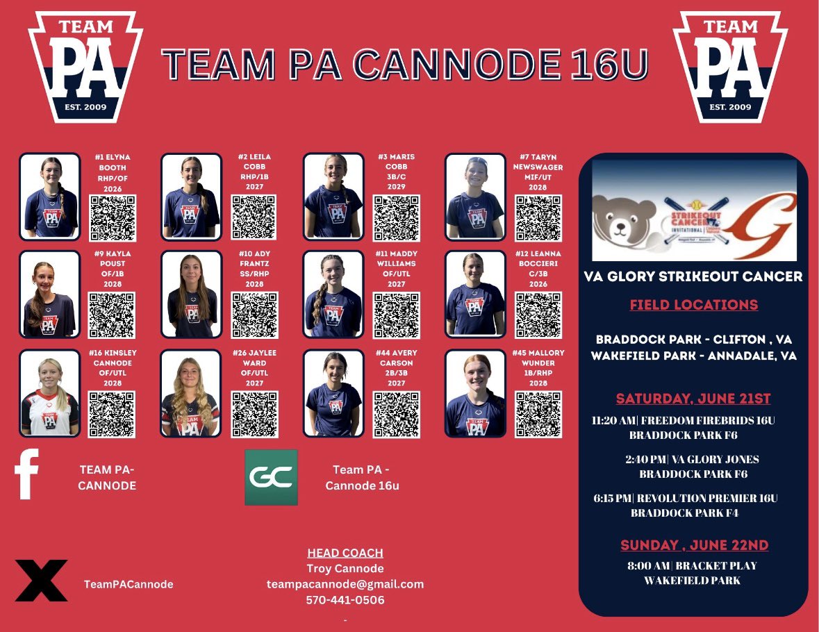 Leila Cobb (@leilacobb2027) on Twitter photo Excited to head to Virginia for the Strike Out Cancer Tournament. Hopefully the weather holds out for us! <a href="/teampafastpitch/">Team Pennsylvania Fastpitch</a> <a href="/TeamPaCannode/">Team Pennsylvania Cannode</a> <a href="/UNCWsoftball/">UNCW Softball</a> <a href="/PennStateSB/">Penn State Softball</a> <a href="/MasonSoftball/">George Mason Softball</a> Excited to head to Virginia for the Strike Out Cancer Tournament. Hopefully the weather holds out for us! <a href="/teampafastpitch/">Team Pennsylvania Fastpitch</a> <a href="/TeamPaCannode/">Team Pennsylvania Cannode</a> <a href="/UNCWsoftball/">UNCW Softball</a> <a href="/PennStateSB/">Penn State Softball</a> <a href="/MasonSoftball/">George Mason Softball</a>