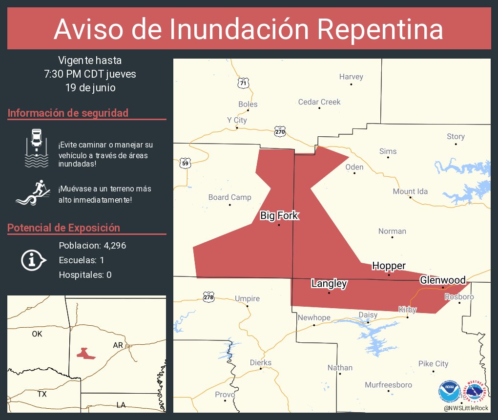 Aviso de Inundación Repentina incluye Glenwood AR, Big Fork AR, Hopper AR hasta las 7:30 PM CDT
