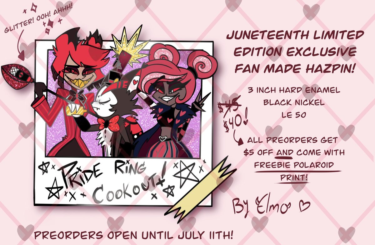 ElmoDontDraw (@elmodontdraw) on Twitter photo HAPPY JUNETEENTH!!!
I'm jazzed to drop my piece for this lil merch collab put together by myself, <a href="/ATGCreates/">✨Alex The Great Creates / President of HuskerDust✨</a>, and @/Luclipse85!
Go check out my pin & their badass shit, too! (Link below!)
PREORDERS OPEN TIL 7/11!
#alastor #husk #velvette #HazbinHotel #Hazbin #Juneteenth HAPPY JUNETEENTH!!!
I'm jazzed to drop my piece for this lil merch collab put together by myself, <a href="/ATGCreates/">✨Alex The Great Creates / President of HuskerDust✨</a>, and @/Luclipse85!
Go check out my pin & their badass shit, too! (Link below!)
PREORDERS OPEN TIL 7/11!
#alastor #husk #velvette #HazbinHotel #Hazbin #Juneteenth