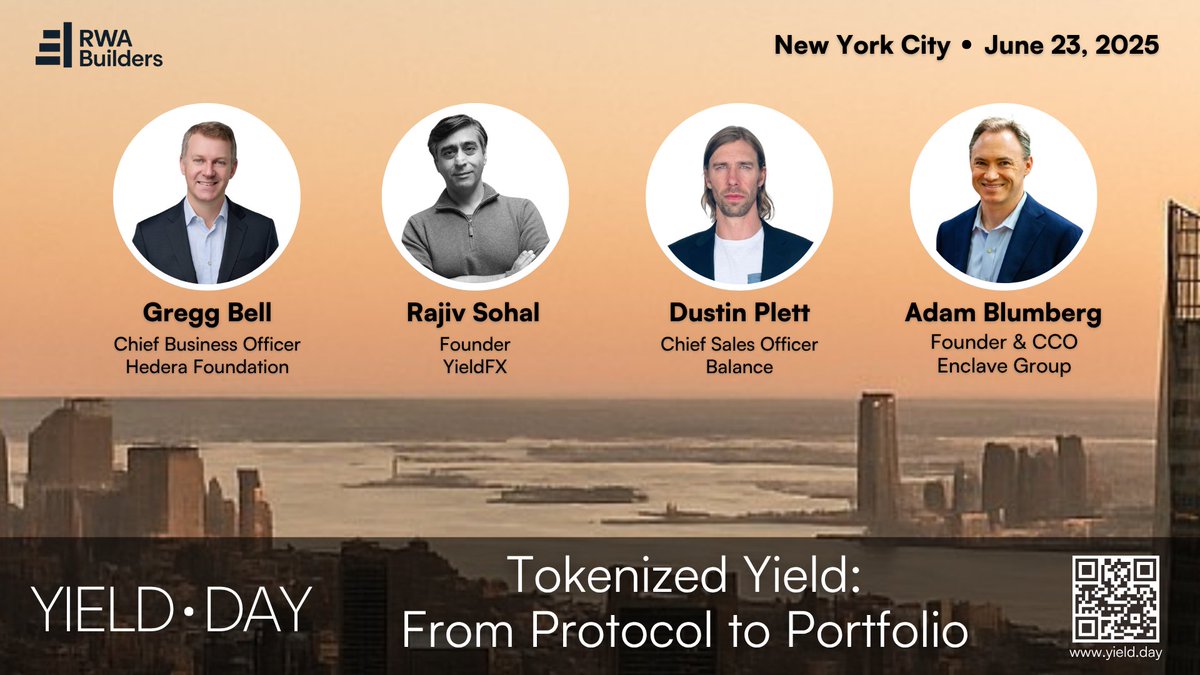 New panel drop for Yield Day NYC — “Tokenized Yield: From Protocol to Portfolio”

High-yield, multi-currency deposits are moving on-chain. See a <a href="/hedera/">Hedera</a>-based issuer that turns insured FX accounts into compliant yield tokens, then learn how custody, NAV, and advisor workflows