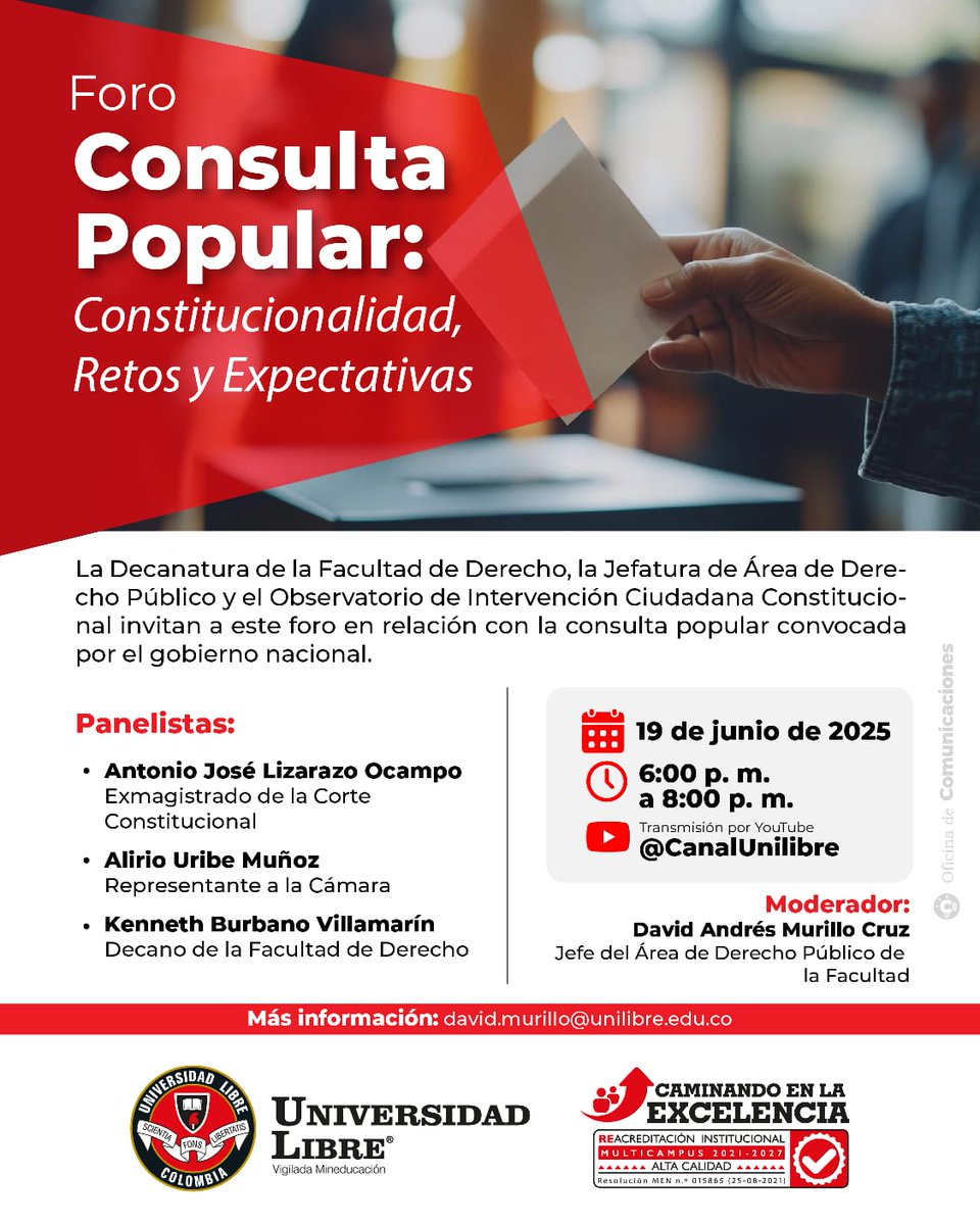 Conéctate hoy con nosotros a las 6:00 p.m. por nuestro "Canal Unilibre". 

🛑 Transmisión en directo 🛑

youtube.com/@canalunilibre…