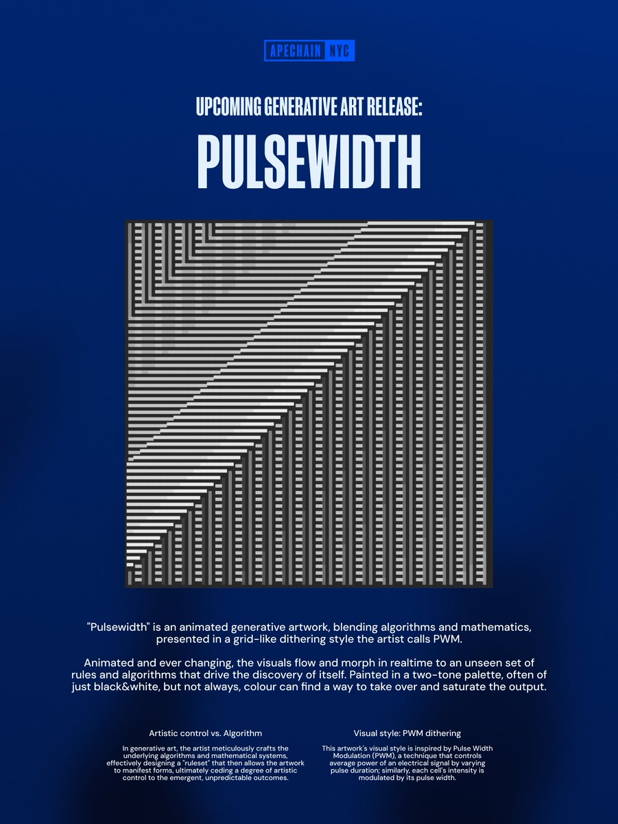 Every masterpiece begins with a stroke.
How would you like a moment of control in one's creation?

Pulsewidth by @motus_Art debuts at our Artist Showcase in NYC on June 26.

Join our exhibition 11AM-1PM EST to access the allowlist and create a pulse with the artist ON APECHAIN.