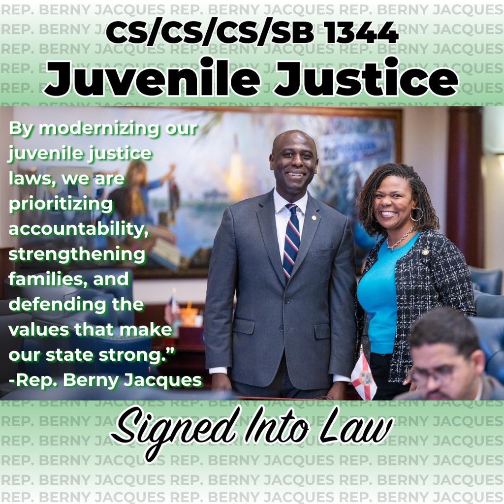 Berny Jacques (@bernyjacques) on Twitter photo .<a href="/GovRonDeSantis/">Ron DeSantis</a> signed our juvenile justice bill into law! This bill will provide strong services to at-risk youth who are running away, skipping school, and being unruly at home - so they don’t end up being delinquent or dependent on the state.
Many thanks to Rep. Bracy Davis .<a href="/GovRonDeSantis/">Ron DeSantis</a> signed our juvenile justice bill into law! This bill will provide strong services to at-risk youth who are running away, skipping school, and being unruly at home - so they don’t end up being delinquent or dependent on the state.
Many thanks to Rep. Bracy Davis