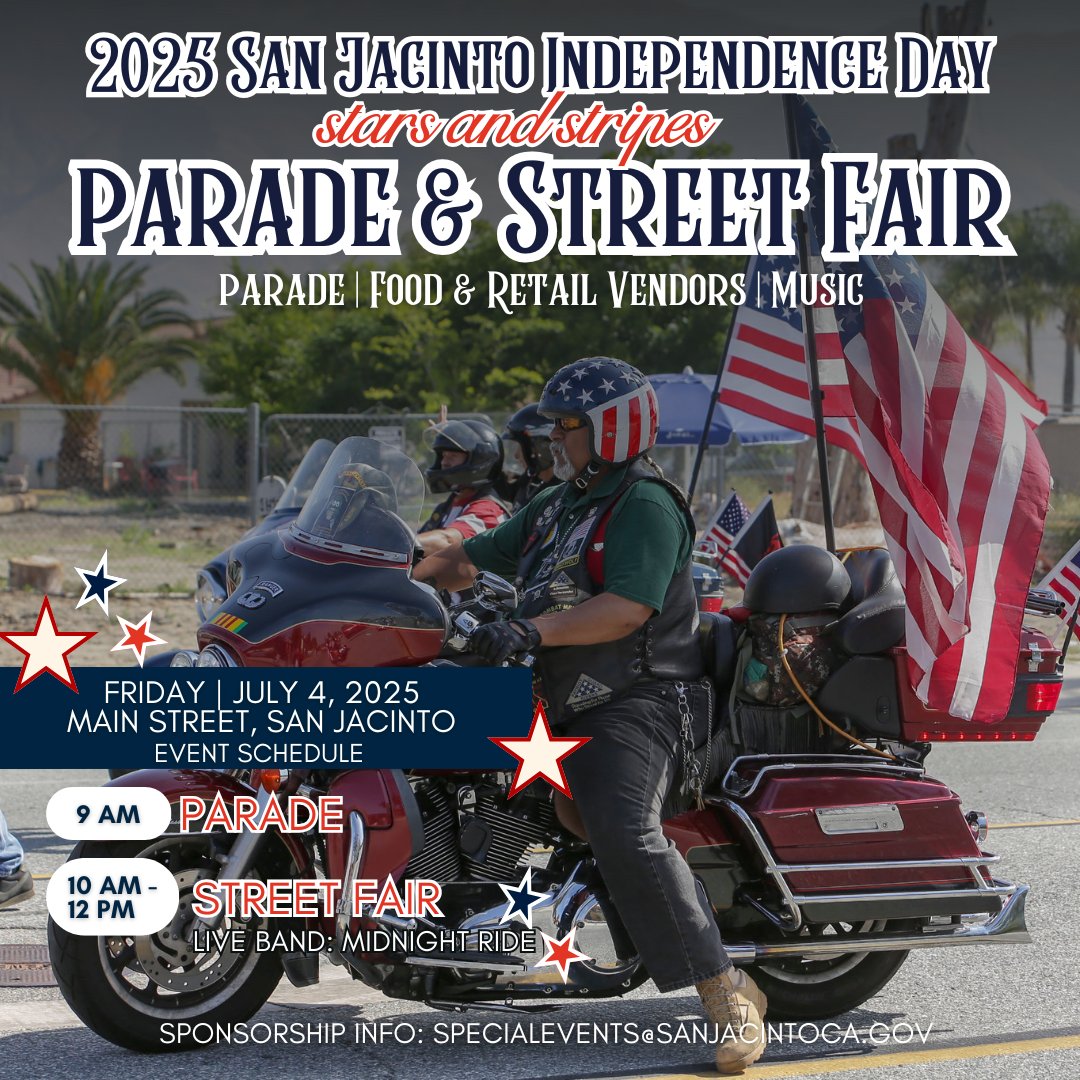 City of San Jacinto (@citysanjacinto) on Twitter photo It's that time of the year: Stars, stripes & small-town vibes! Join the City of San Jacinto on Main St — Parade rolls at 9am, Street Fair fun starts at 10! Food, music, games & more! Interested in joining the parade, email specialevents@sanjacintoca.gov
#4thofJuly It's that time of the year: Stars, stripes & small-town vibes! Join the City of San Jacinto on Main St — Parade rolls at 9am, Street Fair fun starts at 10! Food, music, games & more! Interested in joining the parade, email specialevents@sanjacintoca.gov
#4thofJuly
