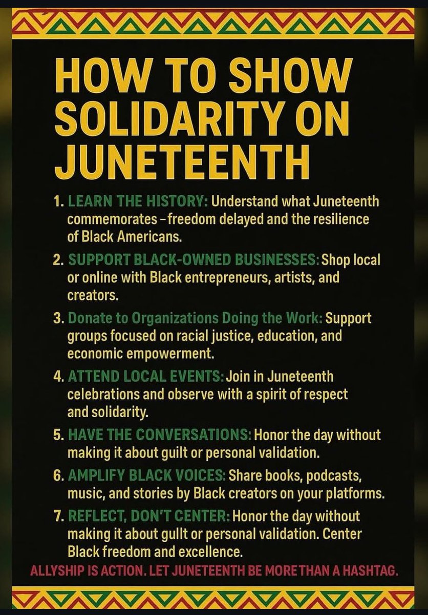 Happy Juneteenth. Honor with Solidarity. Unity. Groupism. Togetherness. Respect. Trust. Love. 
🫶🏾✊🏿💪🏿🙌🏿🤎🤲🏾🖤
#Juneteenth 
#Freedom