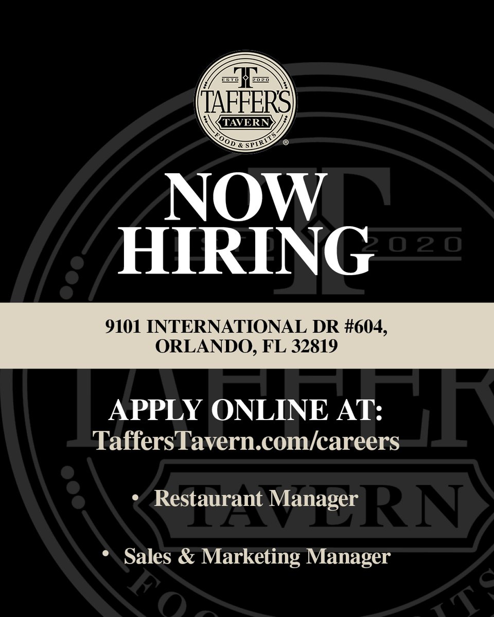 tafferstavern's tweet image. Hungry for a change? We're looking for dynamic leaders to join our team as Restaurant Manager and Sales & Marketing Manager. We're actively interviewing! Apply today! Check out all the details at tafferstavern.com/careers.
Stay tuned for more opportunities! 🎉