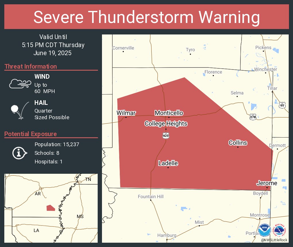 Severe Thunderstorm Warning including Monticello AR, Wilmar AR and  Jerome AR until 5:15 PM CDT