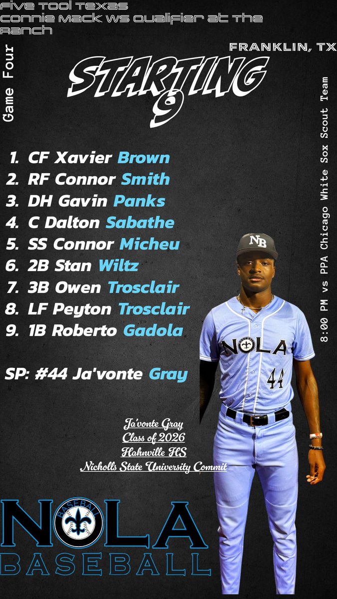 Starting Lineup for Game Four of the Connie Mack WS Qualifier at The Ranch🍿

⌚️: 8:00 PM CST
📝: web.gc.com/teams/nIhAXO6t…
📍: Franklin, TX

<a href="/budluv26/">Big Buddy</a> <a href="/Nola_Baseball/">Nola Baseball Club</a> <a href="/FiveToolTexas/">✭Five Tool Texas✭</a>
