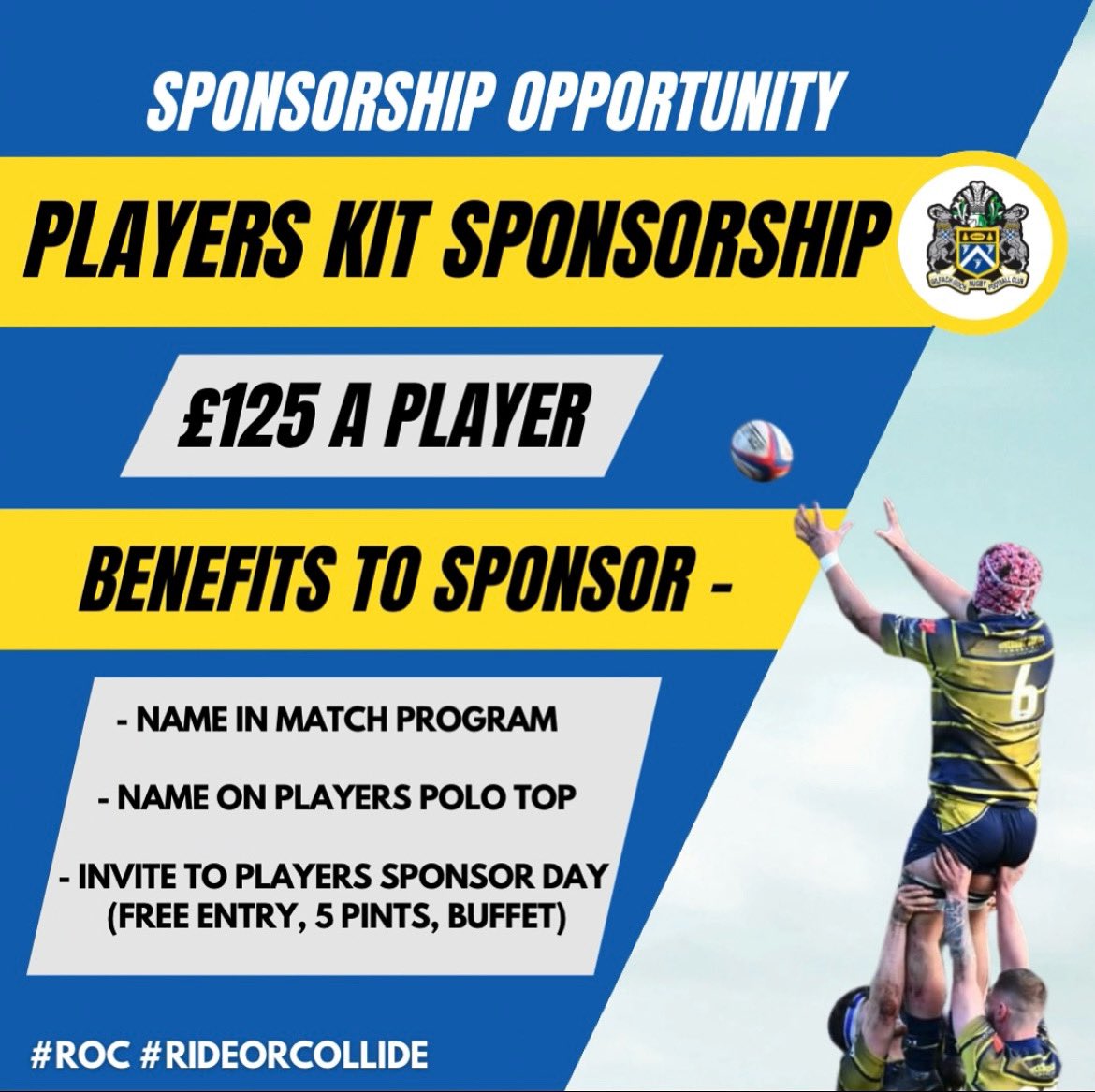 Gilfach Goch RFC (@gowchrfc) on Twitter photo π’ SPONSORSHIP OPPORTUNITY
Player Kit Sponsorship for 2024-25 Season
Β£125 a player
Benefits to being a Sponsor:
βName in Match Program
βName on Players Polo Top
βInvite to βPlayers Sponsor Dayβ
If interested please contact Darren Hughes - d.hughes12@yahoo.co.uk π’ SPONSORSHIP OPPORTUNITY
Player Kit Sponsorship for 2024-25 Season
Β£125 a player
Benefits to being a Sponsor:
βName in Match Program
βName on Players Polo Top
βInvite to βPlayers Sponsor Dayβ
If interested please contact Darren Hughes - d.hughes12@yahoo.co.uk