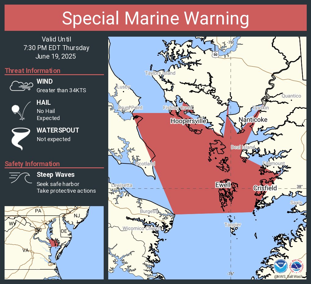 Special Marine Warning including the Chesapeake Bay from Drum Point MD to Smith Point VA and Tangier Sound and the inland waters surrounding Bloodsworth Island until 7:30 PM EDT