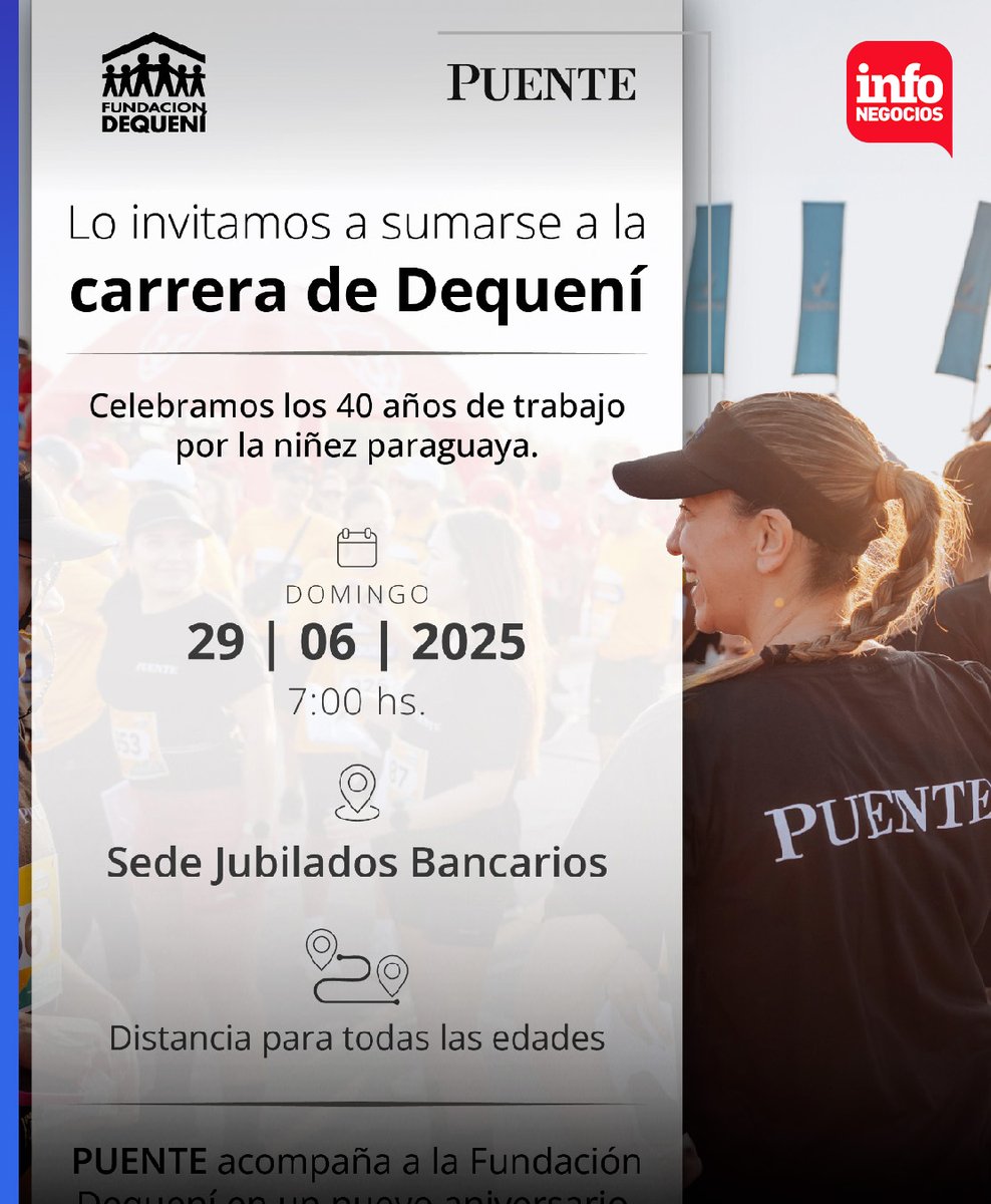 ♻️ #infoSustanbilidad |

Corrida solidaria de Dequení celebra 40  años de compromiso: el 29/6 corren por la educación de 8.400 niñ<a href="/s/">『S』</a> 💪👟

infonegocios.com.py/infosustentabi…