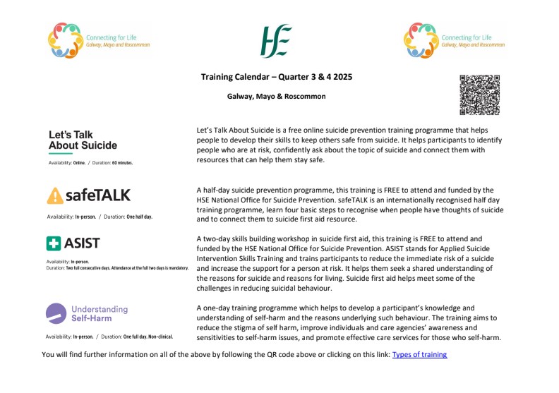WestBeWell1's tweet image. A calendar of suicide prevention training programmes for Galway, Mayo and Roscommon for Q3 and Q4 of 2025 has now been published.
You can read the full details and book places on any of the FREE courses on offer via this link: westbewell.ie/2025/06/19/upc…
#suicidprevention2025