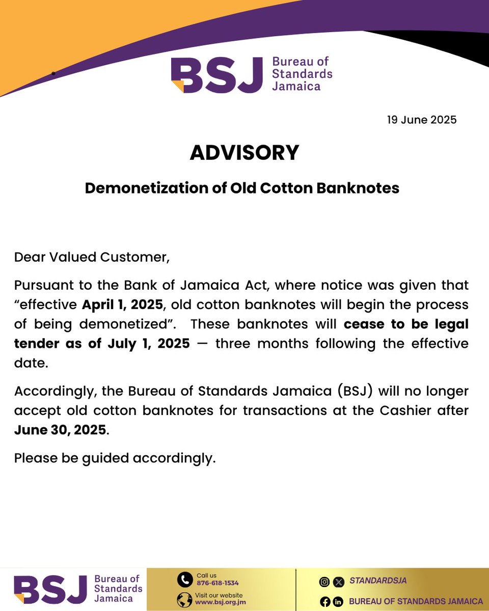 📌 Advisory - Demonetization of Old Cotton Banknotes