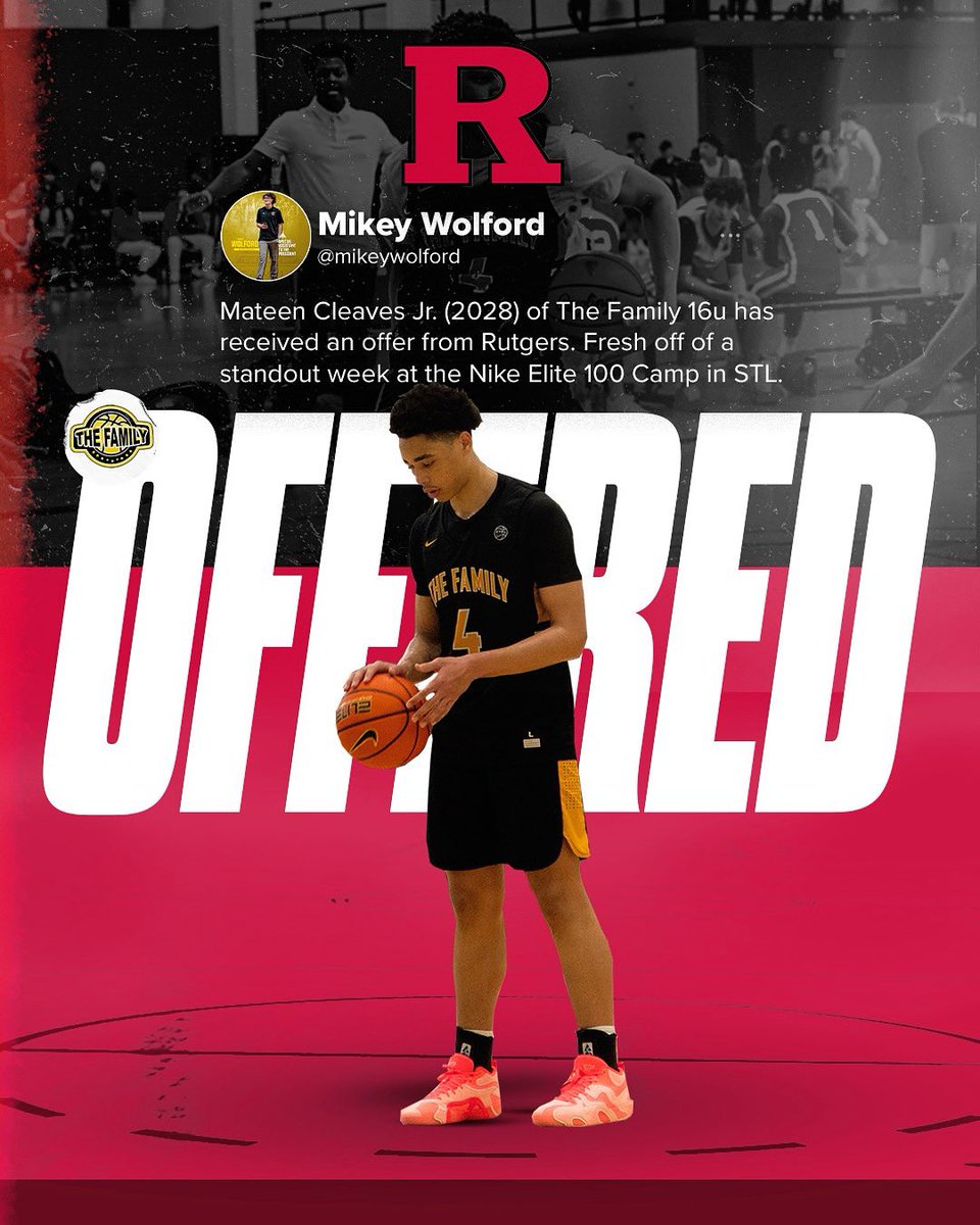 Mateen Cleaves Jr. (2028) of The Family 16u has received an offer from Rutgers. Fresh off of a standout week at the Nike Elite 100 Camp in STL.