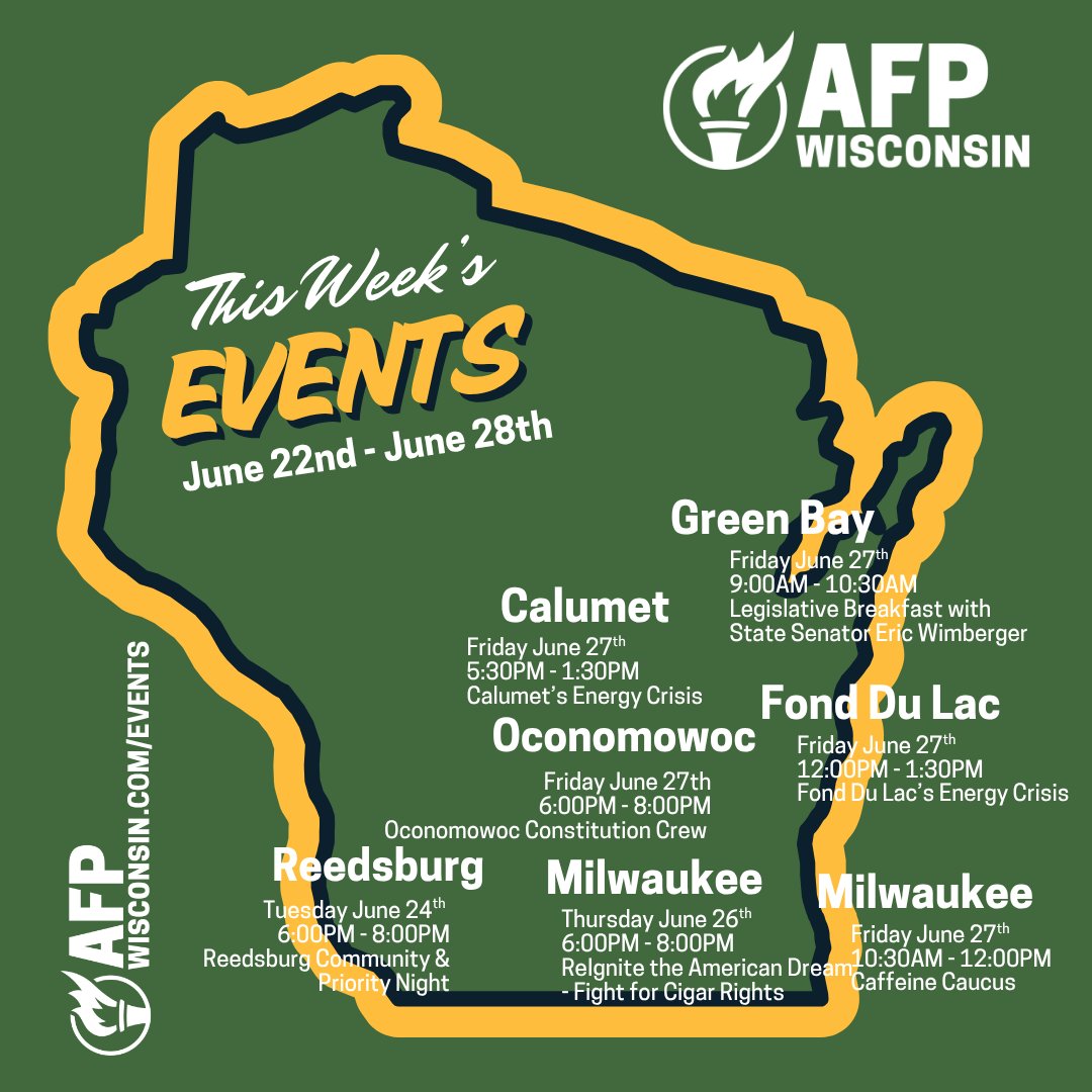 🗓️ Big week ahead, Wisconsin! 🇺🇸

From Green Bay to Milwaukee, AFP-Wisconsin is hitting the road June 22–28 to talk energy, freedom, and the American Dream.

🔥 Don’t miss your chance to get involved!

📍Here’s where we’ll be:
📌 Reedsburg – 6/24, 6 – 8PM
📌 Green Bay – 6/27, 9