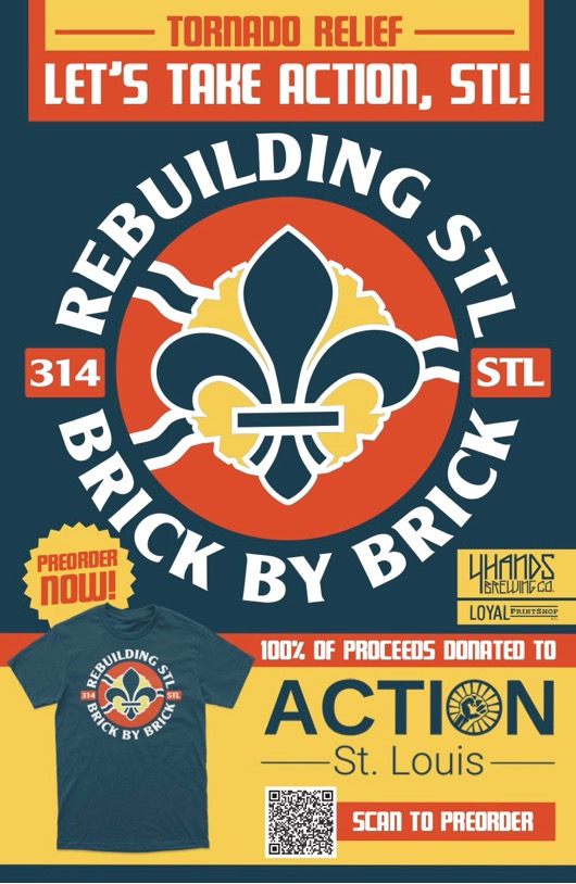 You can support tornado relief in Saint Louis with @4handsbrewingco - visit universe.com/events/action-… to pre-order a “Rebuilding STL Brick By Brick” t-shirt &amp; proceeds will go to Action STL's recovery efforts. #actionstl #tornadorelief #stormrelief #brickbybrick #4hands