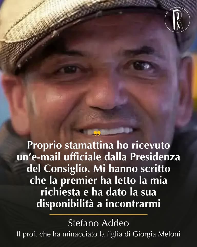 LeonhardHahn's tweet photo. Stefano #Addeo, il prof che augurò alla figlia del PdC  la stessa sorte della ragazzina di #Afragola, sarà ricevuto da Giorgia #Meloni che ha accolto la sua richiesta di volerla incontrare. 

Tutto è bene quel che finisce bene?

[fonte @LaRagione_eu] https://t.co/ZnTqw3NycA
