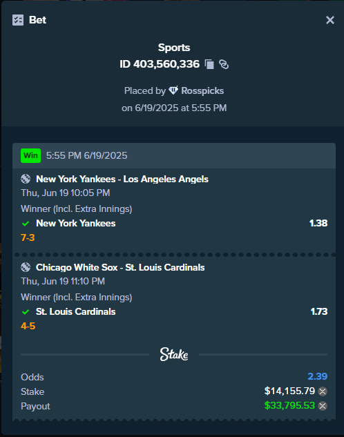 Dropped this 2-leg MLB parlay in the premium &amp; it SMACKED 💸💥⚾️

✅ Yankees ML
✅ Cardinals ML

<a href="/Stake/">Stake.com</a> : $14K ➡️ $33K+ CASHED 🧾🔥

RT + Follow <a href="/RossPicks/">Ross picks</a> &amp; <a href="/demize21/">DeMize</a> 

Stop sleeping on the picks 💤

Join premium🔒[discord.gg/2Rhg8JCy]

Daily Live🔴: kick.com/demize