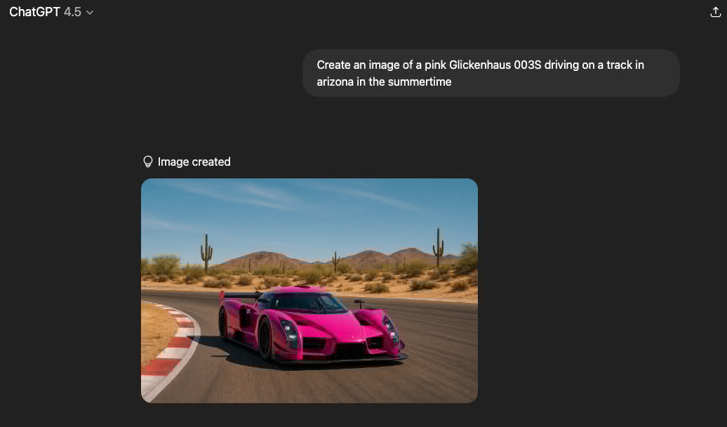 coolcatteacher's tweet image. Student prompt: &quot;Create an image of a pink Glickenhaus 003S driving on a track in arizona in the summertime.&quot;
Result 👇
Comment: &quot;OK here&apos;s one good use of AI. I want to be a mechanic. Now, that is cool.&quot;
#classroomai #AIintheclassroom