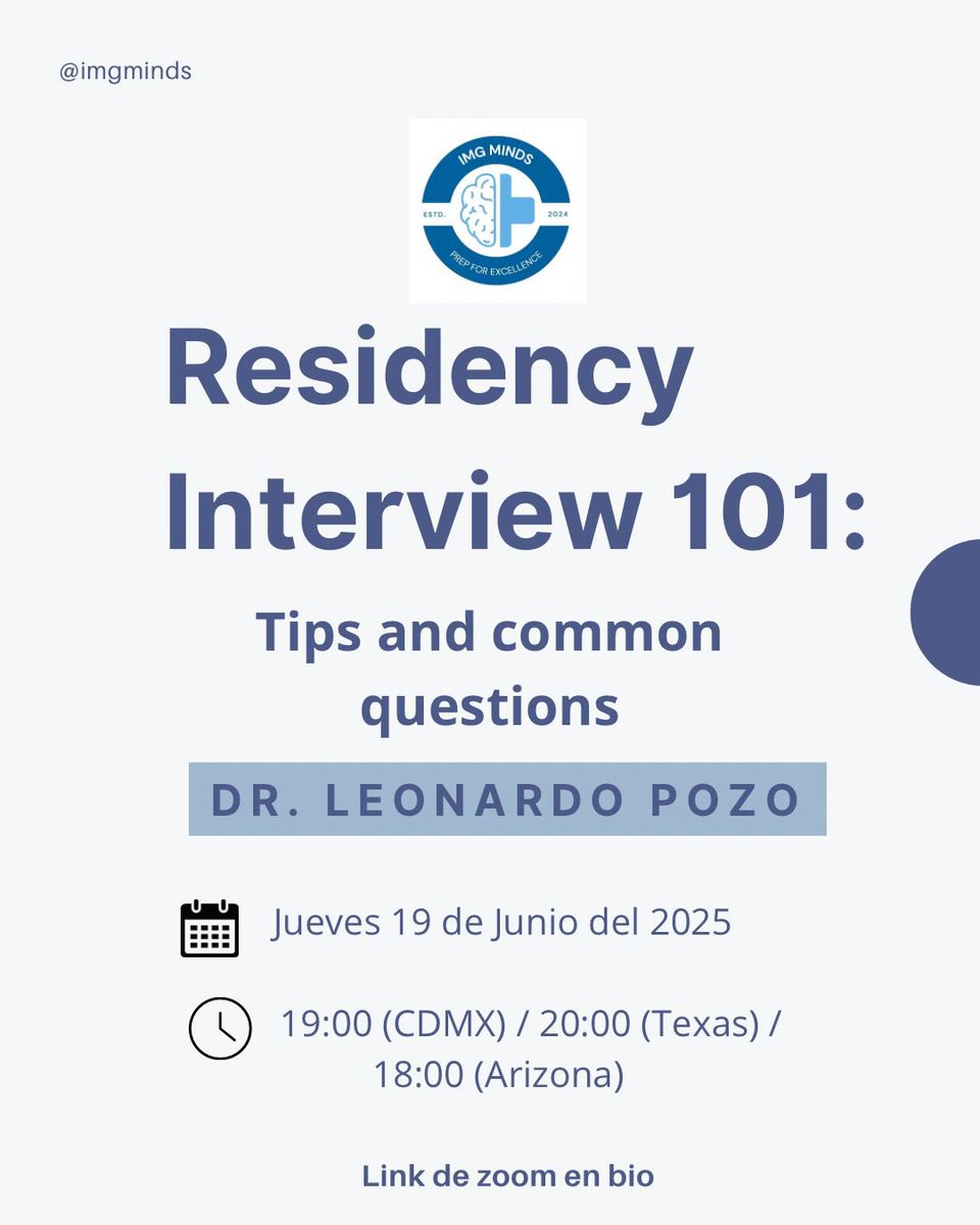 IMGMinds (@imgminds) on Twitter photo Los invitamos a nuestro siguiente webinar, Residency Interview 101: Tips and common questions con el Dr. <a href="/LeonardoPozoGa1/">Leonardo Pozo Garcia</a>.
Día: Jueves 19 de Junio
Hora: 19 hrs (CDMX) / 20 hrs (Texas) / 18 hrs (Arizona)
El link de zoom lo encontrarán en nuestra cuenta de Instagram: imgminds. Los invitamos a nuestro siguiente webinar, Residency Interview 101: Tips and common questions con el Dr. <a href="/LeonardoPozoGa1/">Leonardo Pozo Garcia</a>.
Día: Jueves 19 de Junio
Hora: 19 hrs (CDMX) / 20 hrs (Texas) / 18 hrs (Arizona)
El link de zoom lo encontrarán en nuestra cuenta de Instagram: imgminds.