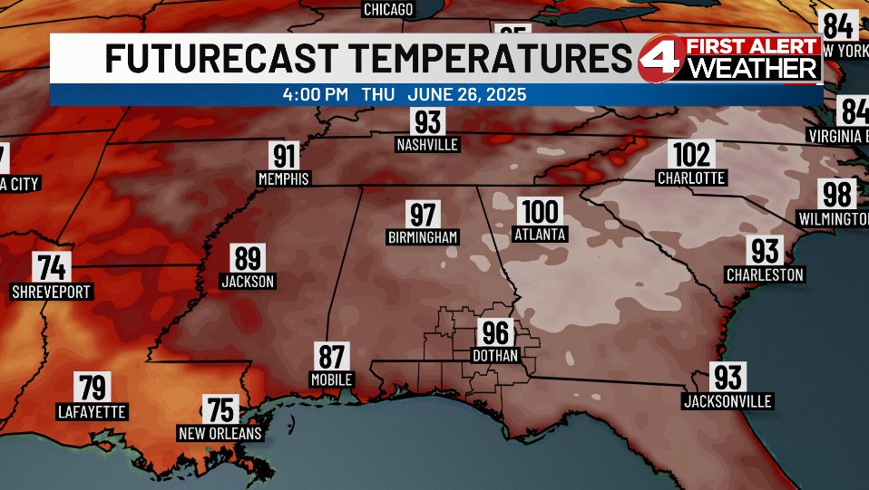 The biggest weather story to track over the next week is the progression of a ridge of high pressure from the far Southwest US Thursday afternoon, to the Mid-Atlantic by next Thursday. The result will be a massive dome of hot air building across the eastern half of the country