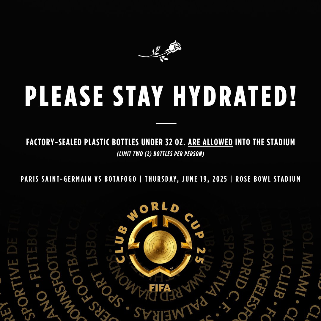 Reminder to please stay hydrated during today's match! 💧 #FIFACWC #RoseBowl