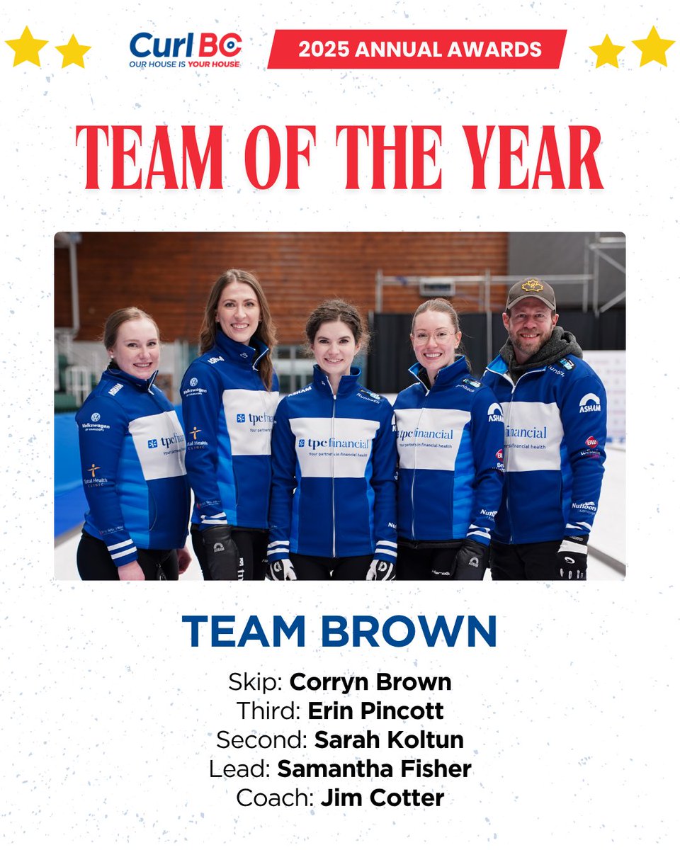 👏 What a season, TEAM BROWN!

2024/25 Team of the Year : Team Brown
Skip: Corryn Brown
Third: Erin Pincott
Second: Sarah Koltun
Lead: Samantha Fisher
Coach: Jim Cotter

#CurlBCAwards2025