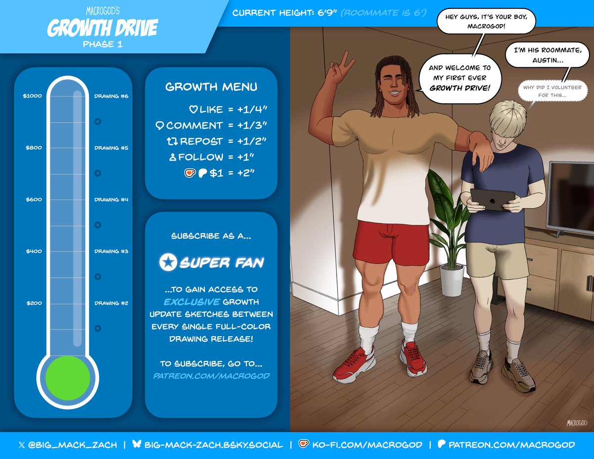 Welcome to my first ever Growth Drive! 

Like, comment, repost, follow, and/or tip/subscribe to make me GROW! 

All proceeds will be going directly towards upgrading my old drawing tablet, so any help will be greatly appreciated! ˆᵕˆ

#SizeTwitter #Macrophilia #GrowthDrive