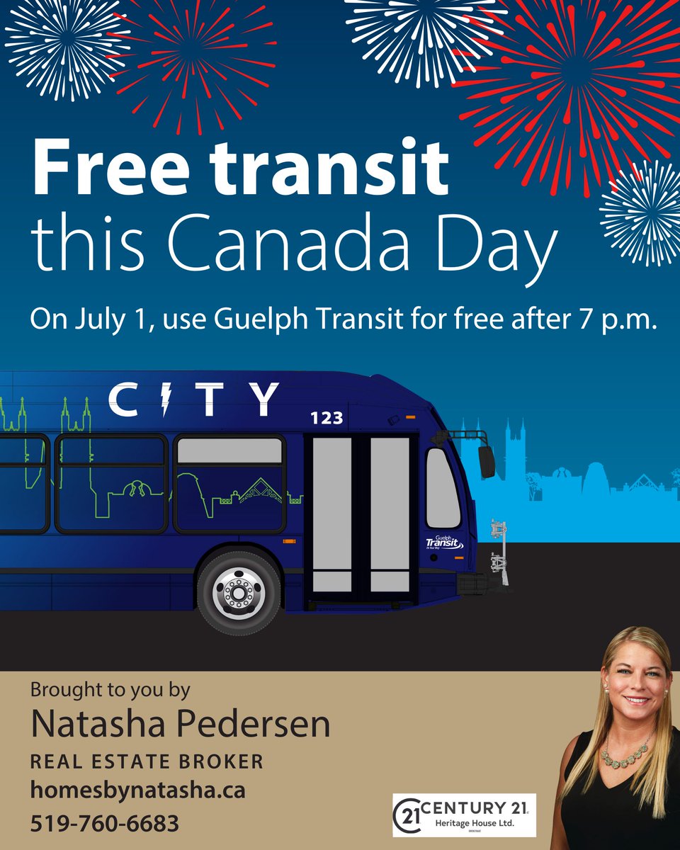 Guelph Transit is offering free service this Canada Day thanks to Natasha Pedersen of Century 21 Heritage House Limited, Brokerage 🎇 

On-demand holiday service will run during the day with free service will beginning at 7 p.m. For more information 👉  ow.ly/jFhj50W9ely