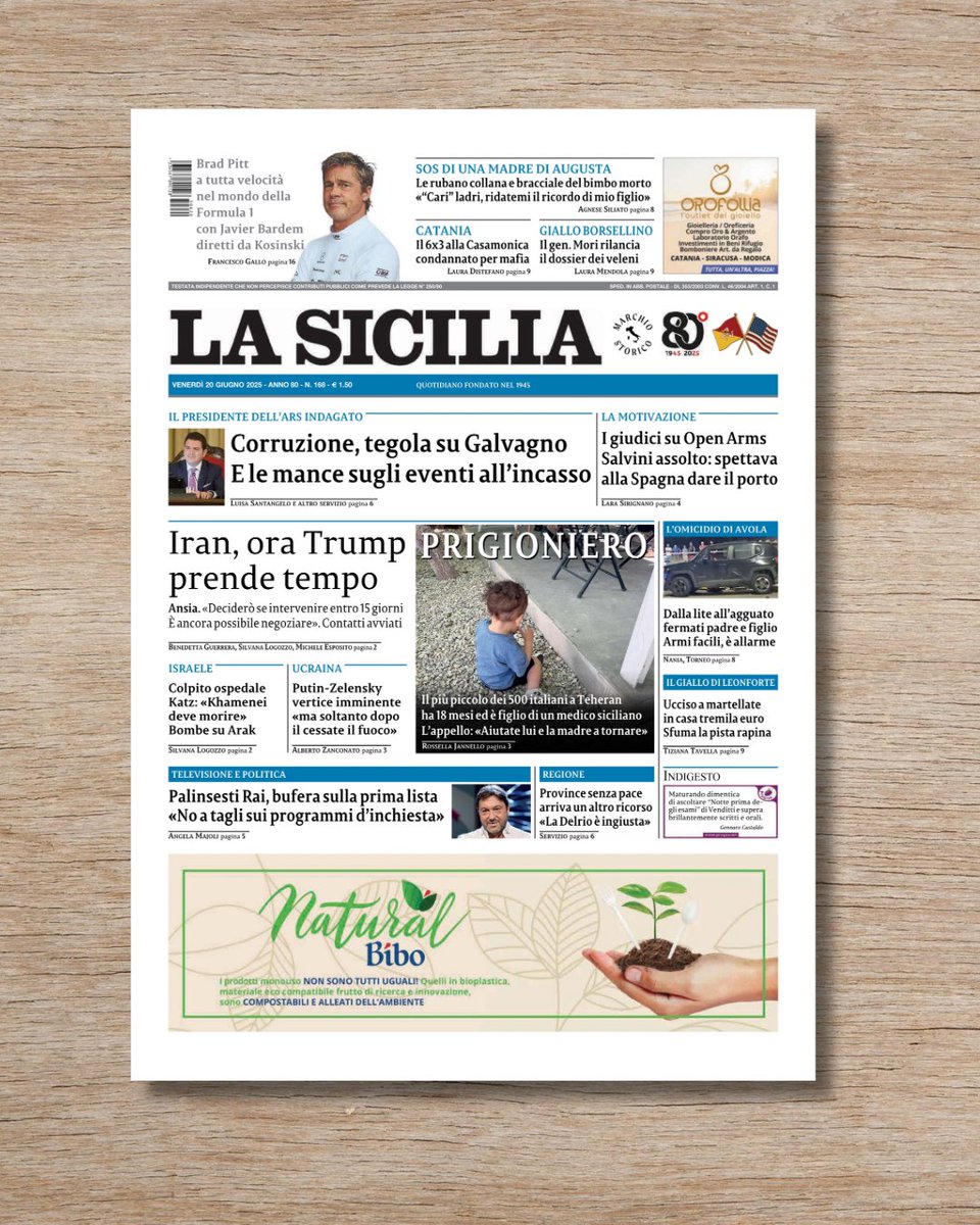 La prima pagina de LA SICILIA di oggi, 20 giugno 2025