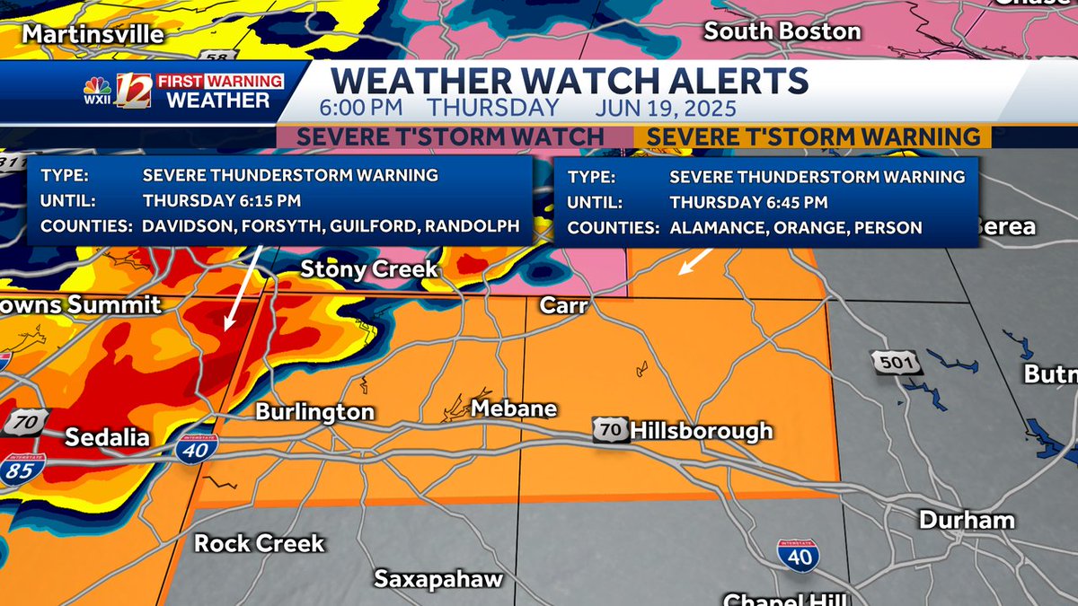 A Severe Thunderstorm Warning has been issued for the areas highlighted in orange on the map. If you are in the warning zone, please head to the interior of your house, and move away from windows and doors. wxii12.com/radar