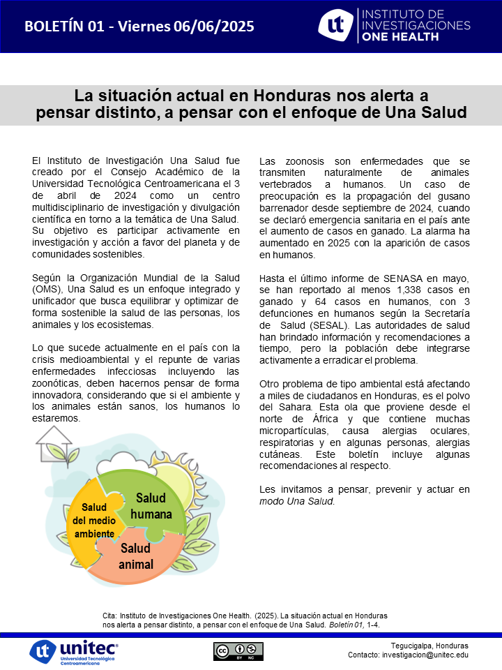 La situación actual en Honduras nos alerta a pensar distinto, a pensar con el enfoque de Una Salud
👆👆
Si te perdiste nuestro boletín del Instituto de Investigaciones One Health, de <a href="/UNITEC_hn/">UNITEC Honduras</a> aquí te lo mostramos. 
Descargable completo aquí:
drive.google.com/file/d/1o3WQnI…