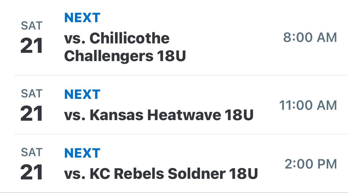 Upcoming weekends schedule! We will play at Mid-America west sports complex!